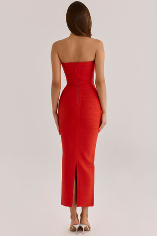 Strapless Bandage Midi Dress with Sculpted Sweetheart Neckline and Bodycon Fit