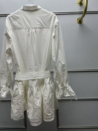 Embroidered Tie-Waist Ruffle Long Sleeve Mini Dress