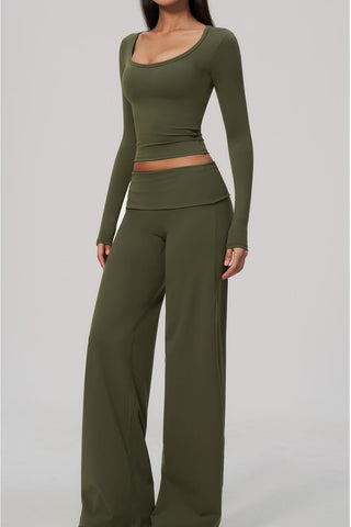 Scoop Neck Long Sleeve Top & Foldover Wide-Leg Pants Set