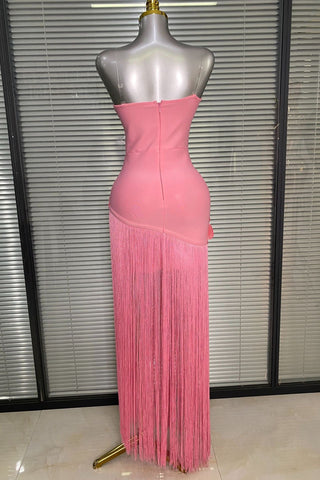 Strapless Floral Appliqué Fringe Long Dress with Bodycon Silhouette