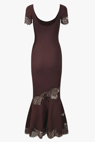 Ribbed Knit Scoop Neck Short Sleeve Long Dress with Lace Trim & Flared Hem