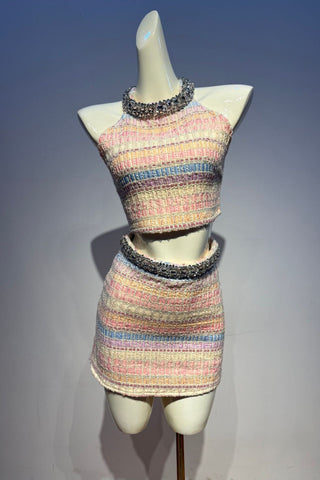 Sleeveless Textured Tweed Top & Mini Skirt Set – Embellished High Neck, Structured Fit, Feminine Statement Look