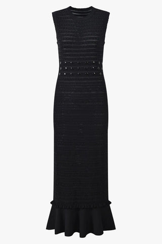 Ribbed Knit Midi Dress with Studded Waist Detail, Sleeveless Fit and Flared Hem