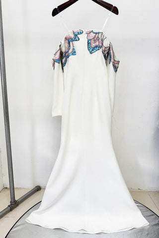 Off-Shoulder Long Sleeve Crepe Long Dress with Hand-Beaded Floral Embellishment