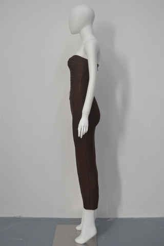 Strapless Bandage Midi Dress with Sculpted Sweetheart Neckline and Bodycon Fit