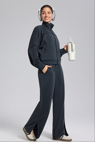 Relaxed Fit Zip-Up Jacket and Wide Leg Pants Set