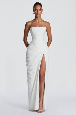 Strapless Ruched Long Dress with High Slit – Draped Waist & Smooth Fit