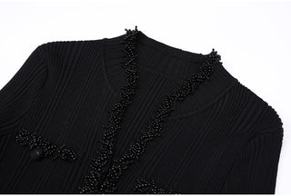 Ribbed Knit Long Dress with Pearl Trim Details & Long Sleeves