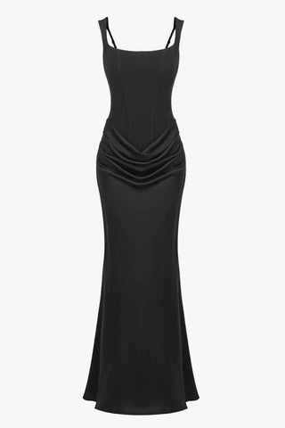 Structured Corset Draped Bodycon Long Dress with Wide Straps