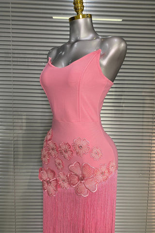 Strapless Floral Appliqué Fringe Long Dress with Bodycon Silhouette