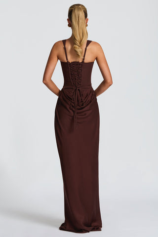 Structured Corset Draped Bodycon Long Dress with Wide Straps