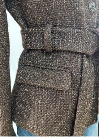 Textured Tweed Long Sleeve Belted Peplum Blazer