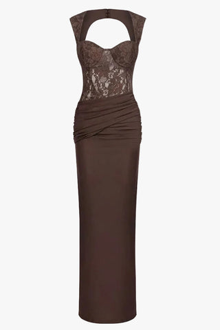 Lace Corset Draped Bodycon Long Dress with Cap Sleeves