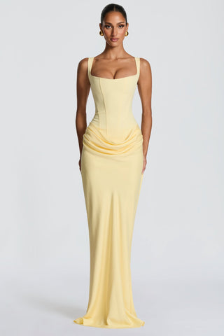 Romantic Sleeveless Corset Long Dress with Draped Waist & Lace-Up Back