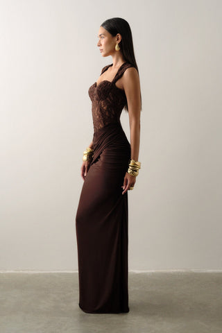 Lace Corset Draped Bodycon Long Dress with Cap Sleeves