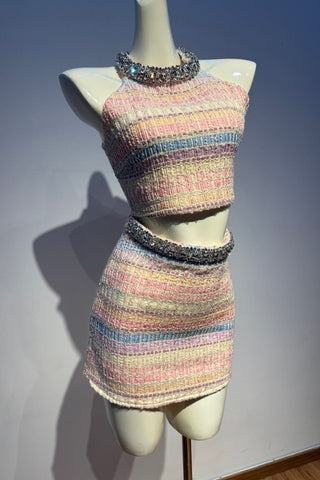 Sleeveless Textured Tweed Top & Mini Skirt Set – Embellished High Neck, Structured Fit, Feminine Statement Look