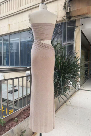 Textured Knit Strapless Cut-Out Long Dress with Draped Detail