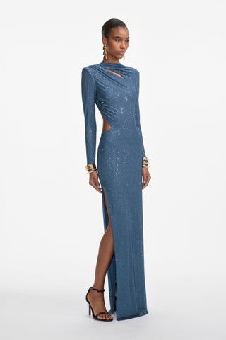 Crystal Embellished Cut-Out Open-Back Long Dress