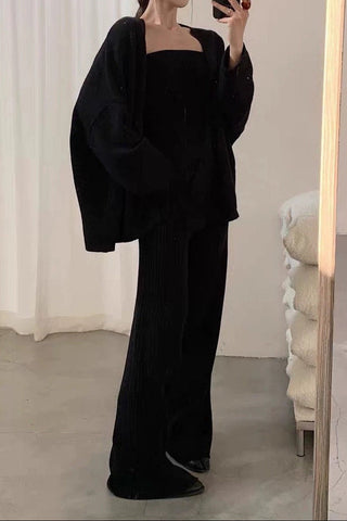 Comfy Ribbed Knit Three-Piece Cardigan, Top & Wide-Leg Pants Set