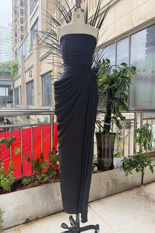 Strapless Ruched Long Dress with Lace-Up Back & High Slit