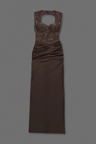 Lace Corset Draped Bodycon Long Dress with Cap Sleeves