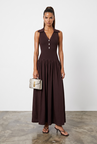 Ribbed Knit Sleeveless Collared V-Neck Long Dress with Gold Buttons & Flared Skirt