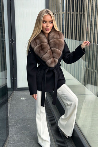 Plush Faux Fur Collar Belted Long-Sleeve Jacket