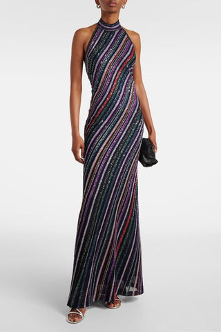 Halter Neck Open-Back Striped Knit Long Evening Dress