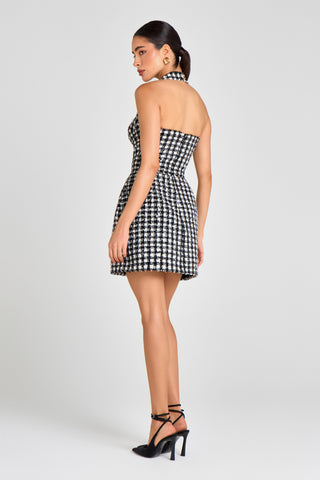 Tweed Halter Neck Button Mini Dress