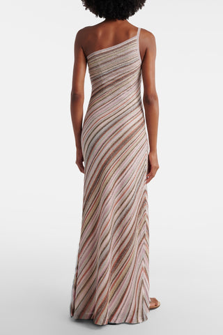 Metallic Striped One-Shoulder Knit Long Dress
