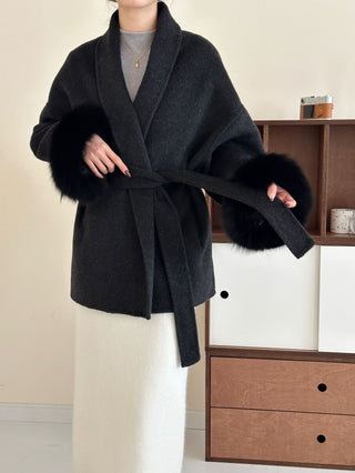 Double-Faced Wool Coat with Fur Cuffs - Mid-Length, Belted Wrap Coat