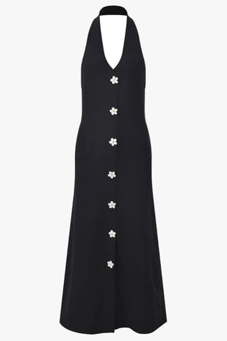 Pearl Floral Button Halter Long Dress