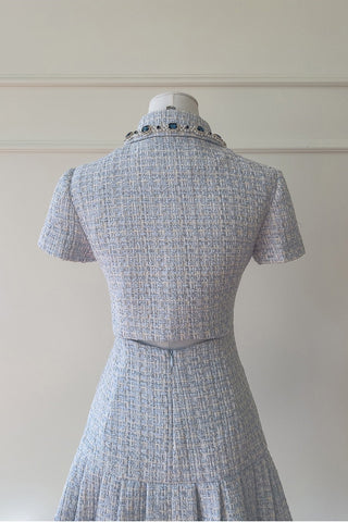 Structured Tweed Mini Dress – Short Sleeve, Pleated Skirt & Jewel Button Detail