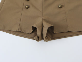 Military-Inspired Stand Collar Long Sleeve Jacket & High Waist Tailored Shorts Set