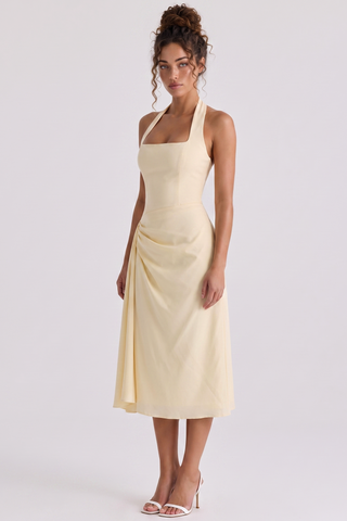 Halter Neck Midi Dress – Draped Waist & Open Back