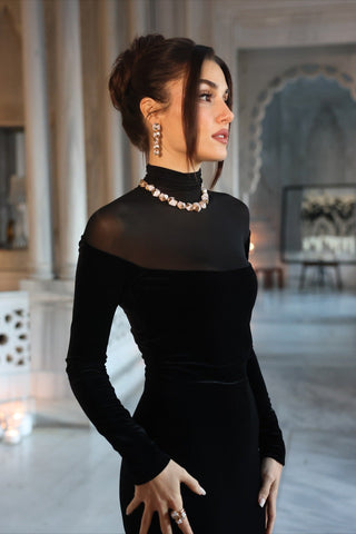 Velvet Mesh High Neck Long Dress – Long Sleeve Evening Gown