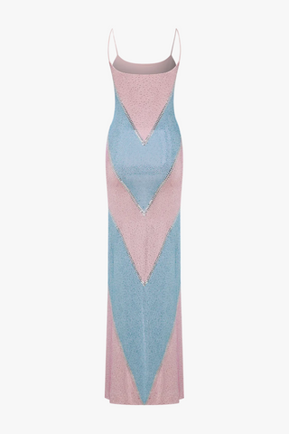 Rhinestone Embellished Colorblock Long Dress with Thin Straps
