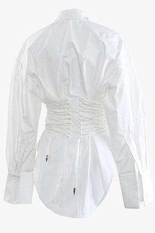 Long Sleeve Corset Waist Button-Up Shirt Dress with Lace-Up Back