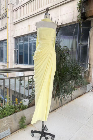 Strapless Ruched Long Dress with Lace-Up Back & High Slit