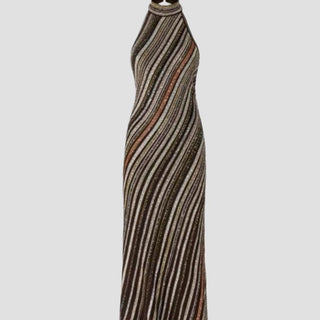 Halter Neck Open-Back Striped Knit Long Evening Dress