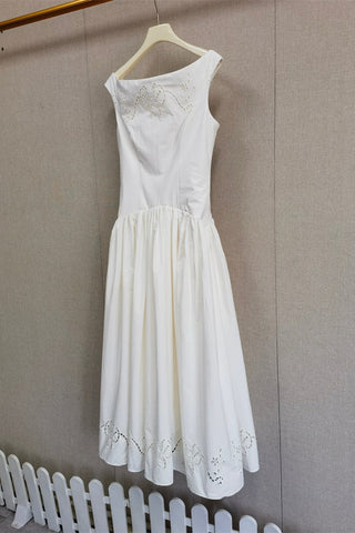 Boat Neck Midi Dress – Gathered Waist, Sleeveless Design & Cutout Details