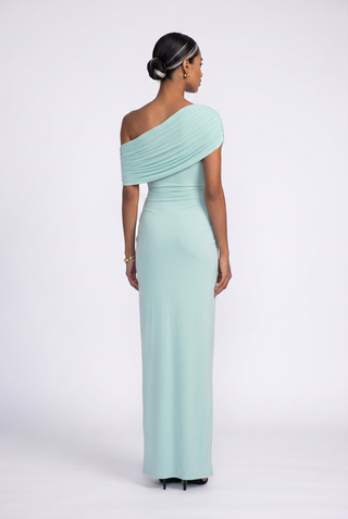 One-Shoulder Long Dress – Gathered Front, Fitted Waist & Floor-Length Design