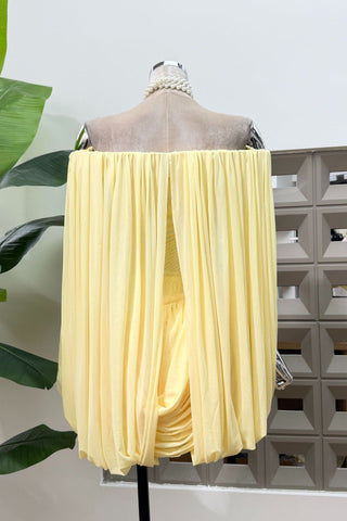 Romantic Draped Off-Shoulder Mini Dress with Sheer Sleeves & Sculpted Fit