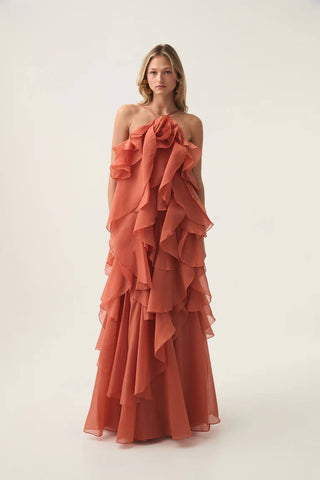 Floral Ruffle Organza Long Dress with Halter Neck