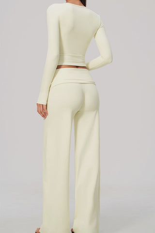 Scoop Neck Long Sleeve Top & Foldover Wide-Leg Pants Set