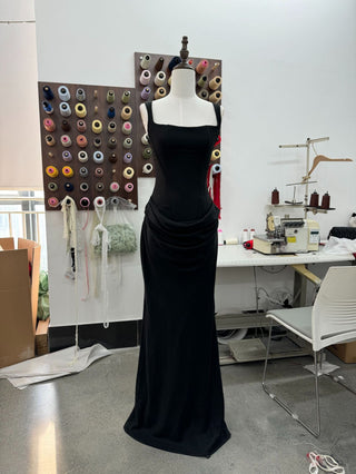 Structured Corset Back Long Dress with Draped Silhouette