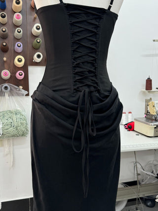 Structured Corset Back Long Dress with Draped Silhouette