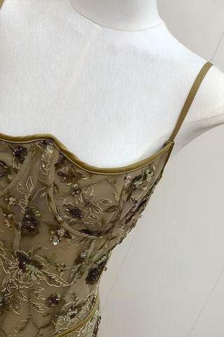 Floral Sequin Corset Long Dress – Spaghetti Strap Fitted Dress
