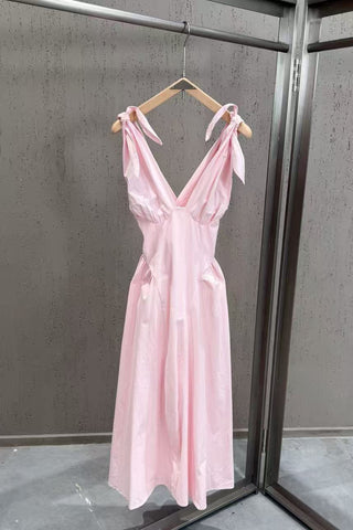 Tie-Shoulder V-Neck Open Back Flared Midi Dress