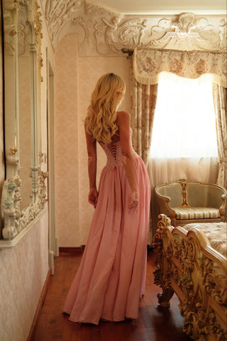 Lace Corset Halter Long Dress – Pleated Chiffon Evening Dress